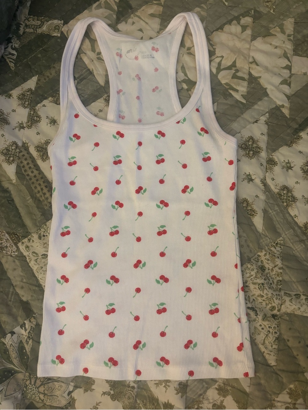 aerie White Ribbed Tank Top with Red Cherry Print